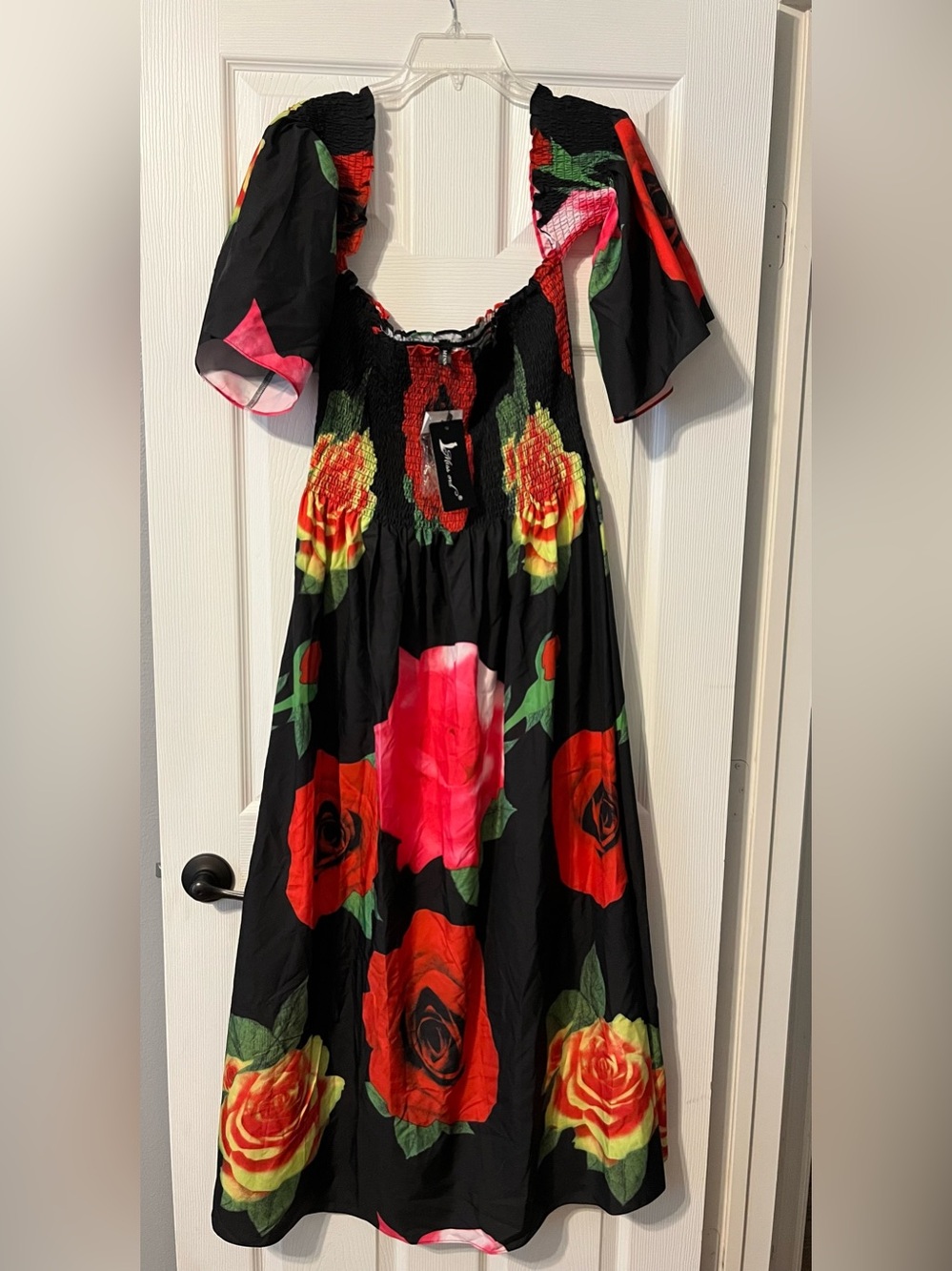 Black Floral Smocked Maxi Dress with Red, Yellow & Pink Roses NWT